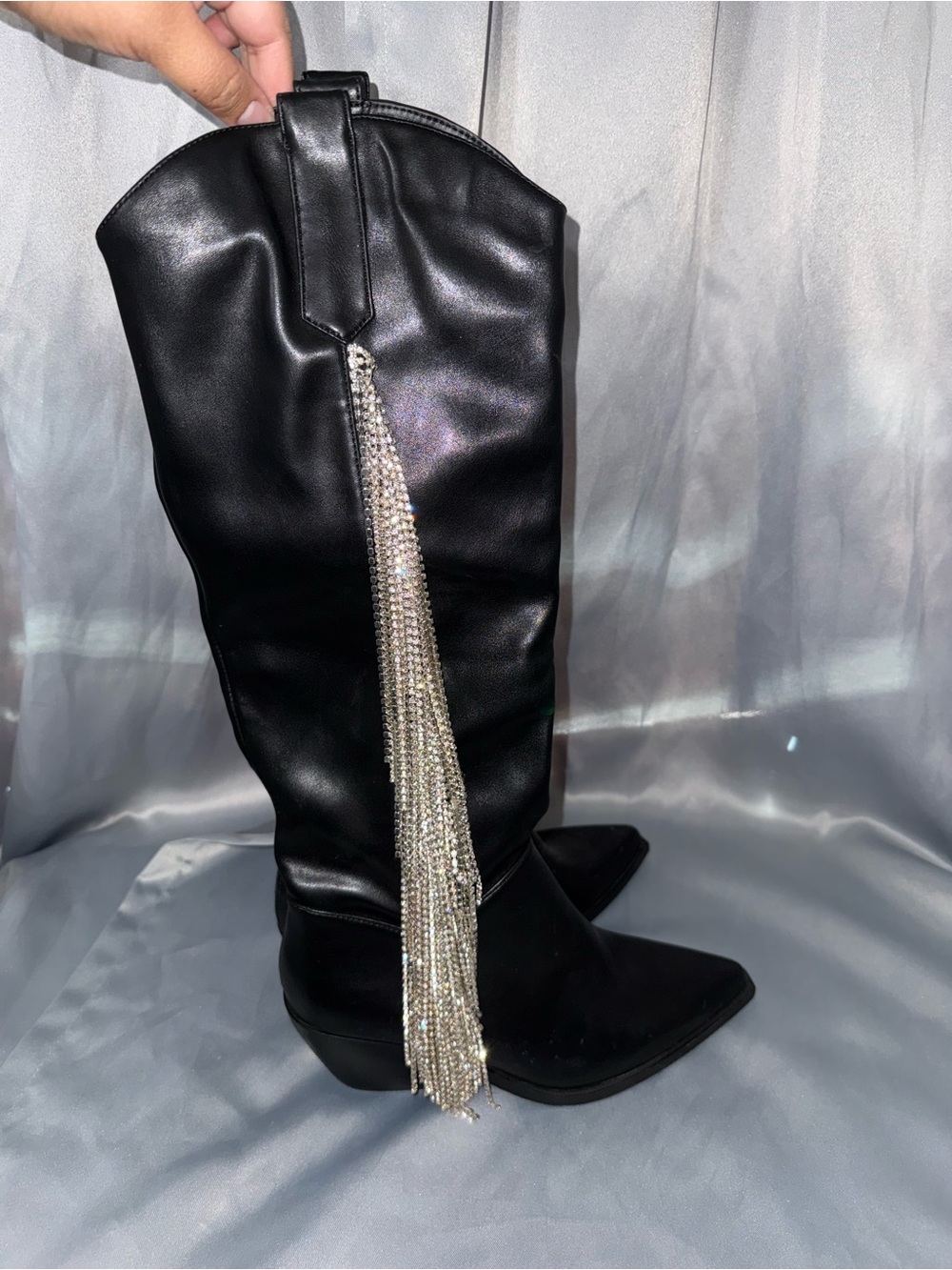 Azalea Wang Black Rhinestone Tassel Glam Western Heeled Boot